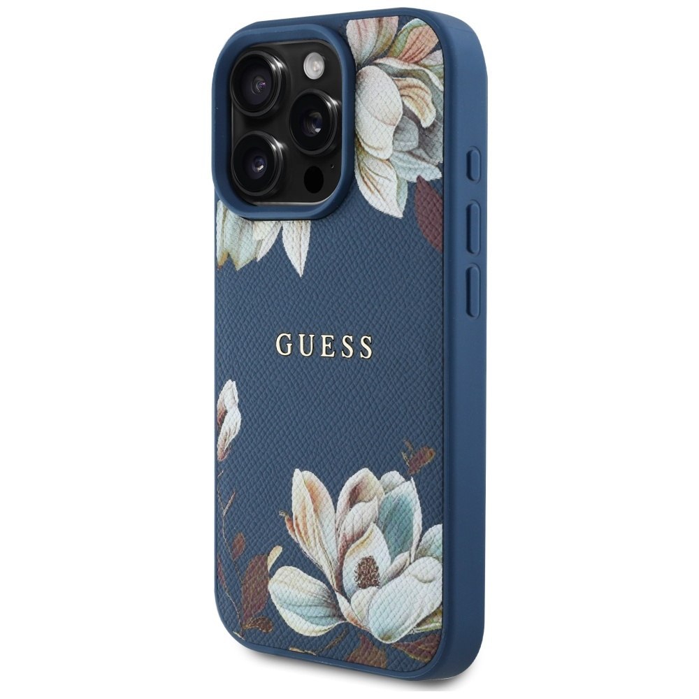 Etui Guess Grained Printed Flower Pattern MagSafe do iPhone 16 Pro niebiesk
